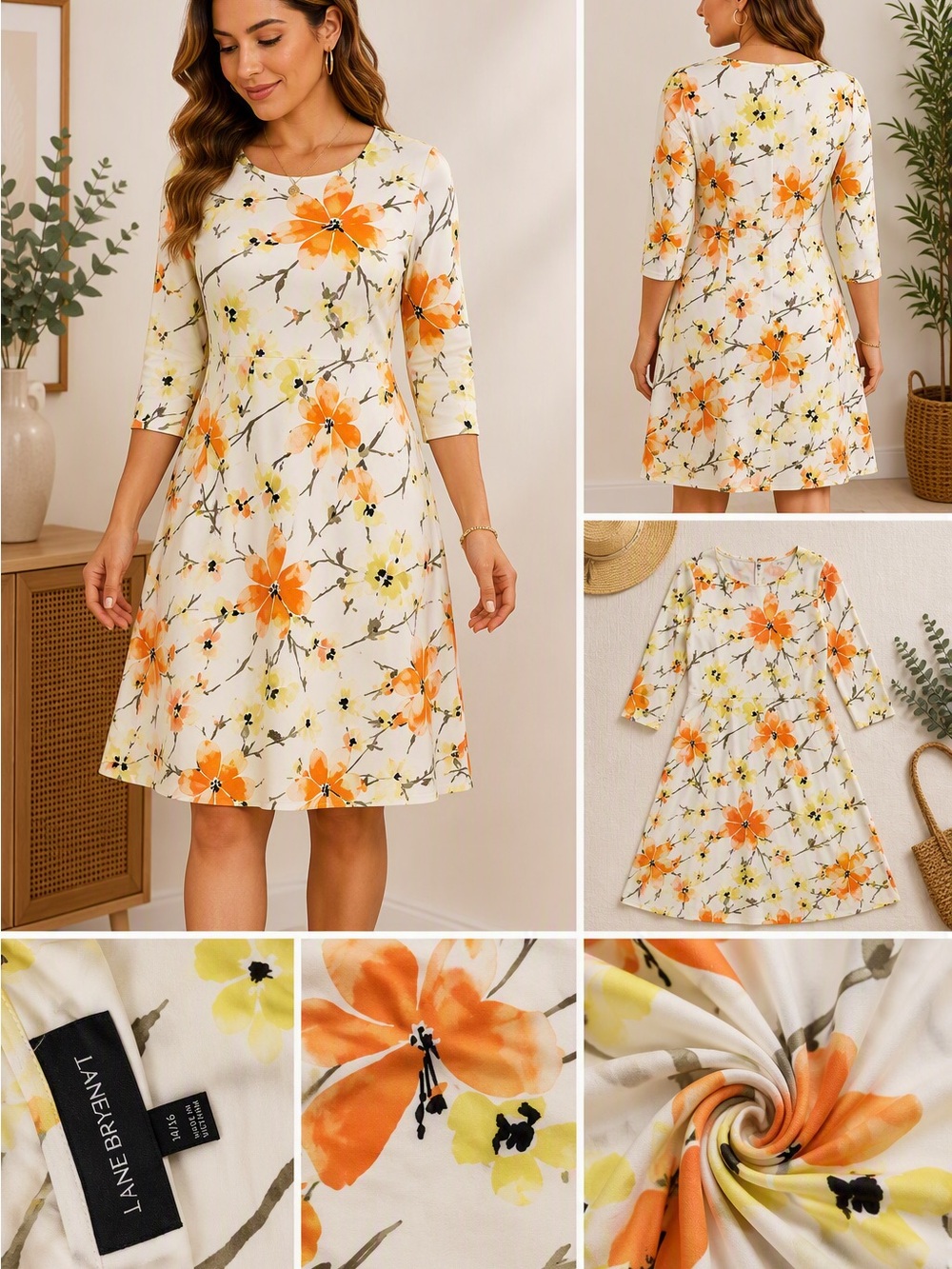 Lane Bryant Cream Floral Midi Dress with Orange Accents